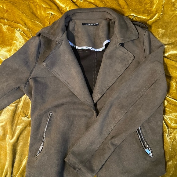 T Tahari Faux Suede Moto Jacket, Olive Green - Picture 2 of 5